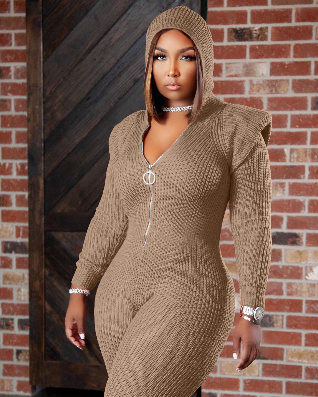 Women's Fall Winter Fashion Knitted Wool Padded Shoulder Hooded Jumpsuit
