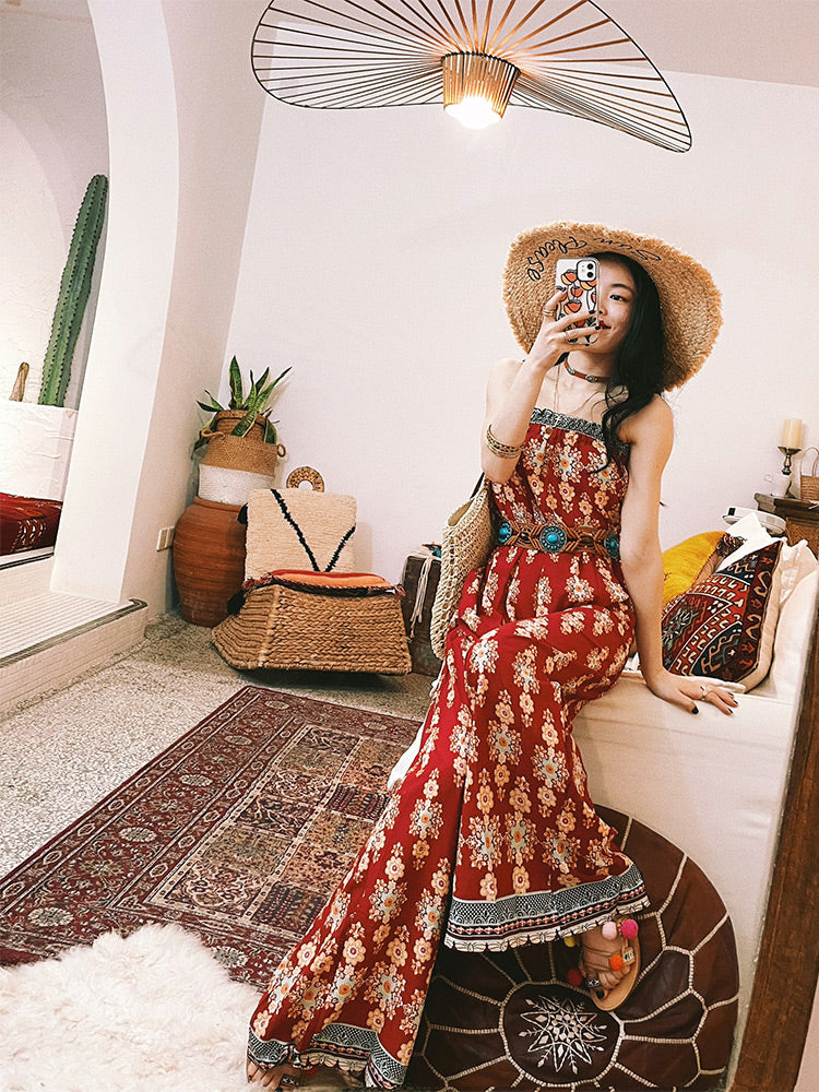 Red High-Waist Tube Top Wide Leg Jumpsuit
