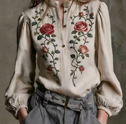 Vintage Rose Embroidered Stand-Collar Puffed-Sleeve Shirt