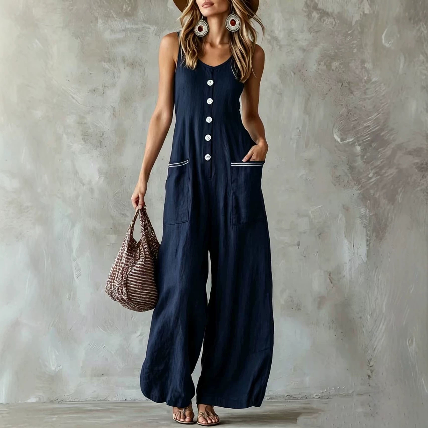 Button-front U-neck Solid-color Casual Jumpsuit