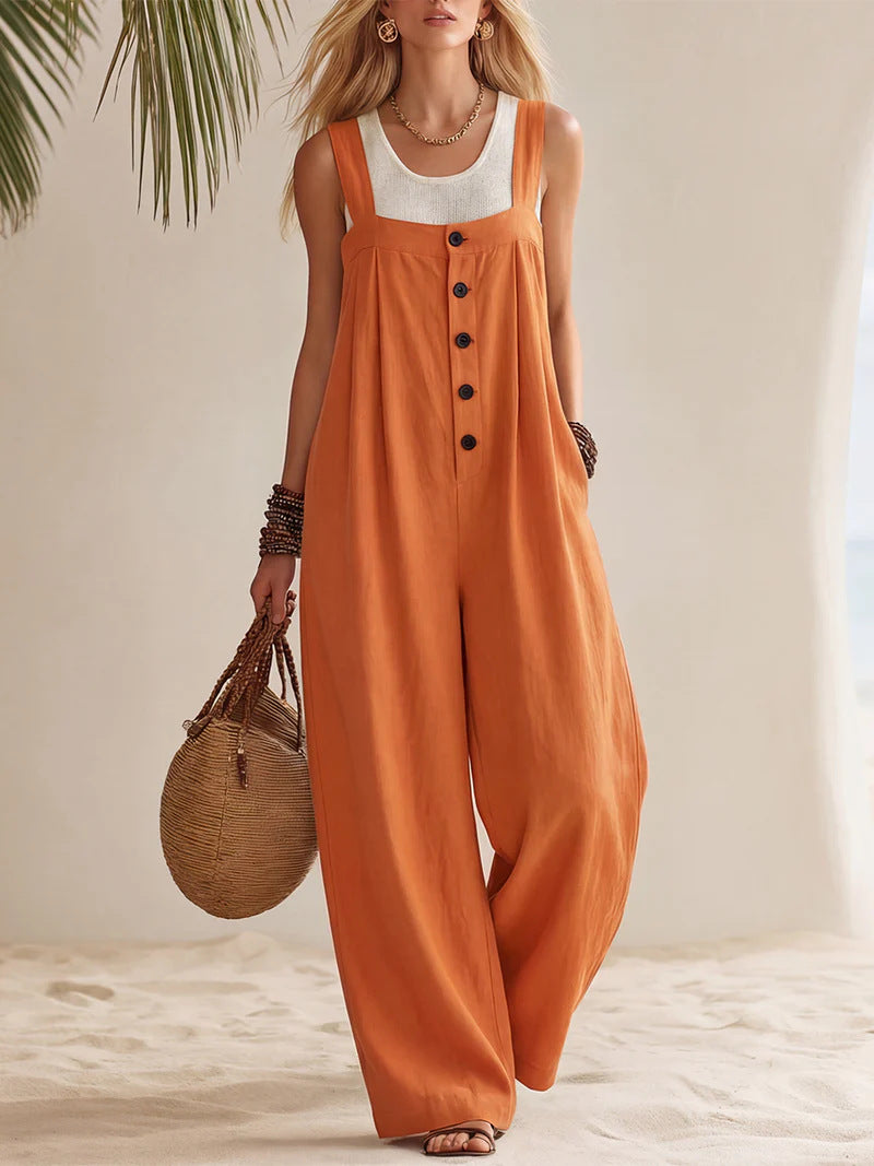 Bohemian Button-Front Suspender Jumpsuit