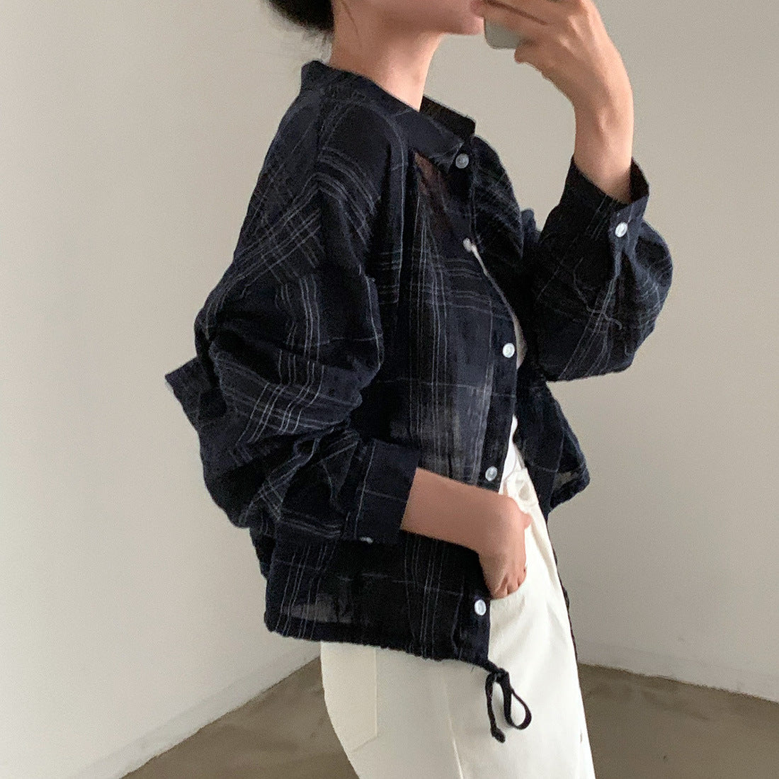 Retro Simple Plaid Loose Lapel Drawstring Long Sleeve Shirt