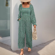 Square-neck Puffed-sleeve Wide-leg Pants Long-sleeve Resort-style Floral Jumpsuit