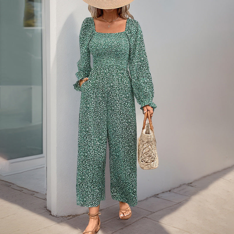 Square-neck Puffed-sleeve Wide-leg Pants Long-sleeve Resort-style Floral Jumpsuit