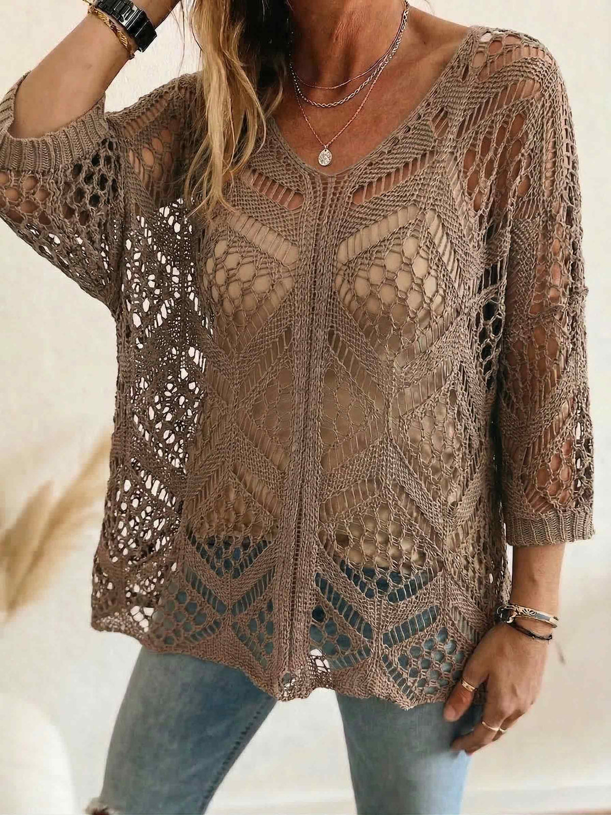 Ladies Oversized Open Weave Mesh Knit Shirt V-neck Half Sleeve Breathable Beach Cover Up