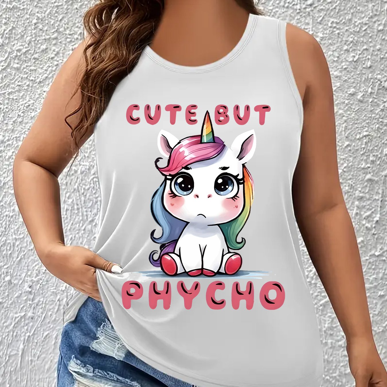 Plus Size Women's Unicorn Print Tank Top – Round Neck, All‑Season
