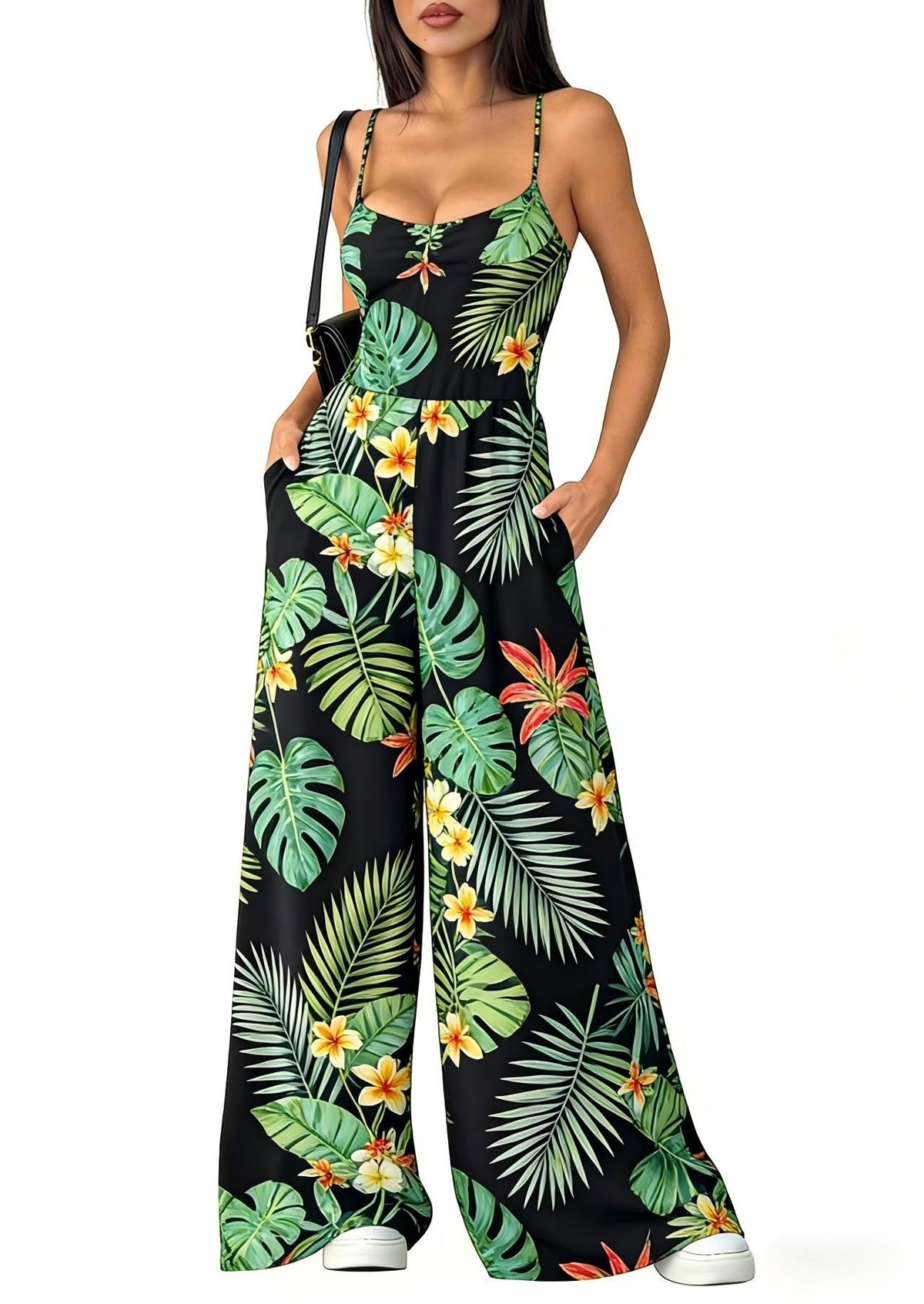 Women's Backless Strappy Printed Wide-Leg Jumpsuit