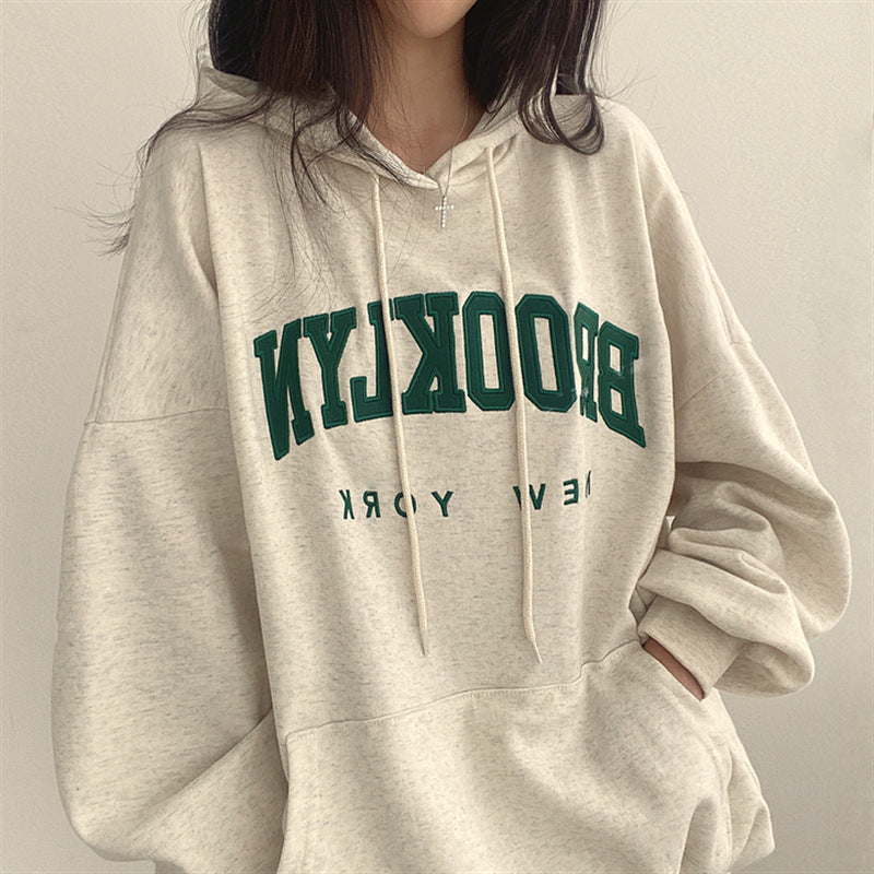 American Style Letter Print Fleece Pullover Hoodie