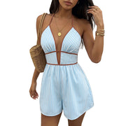 Best-selling  Resort-style Striped Halter-neck Deep-V Jumpsuit