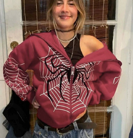 Spider Web Print Zip-Up Hoodie Streetwear Pullover