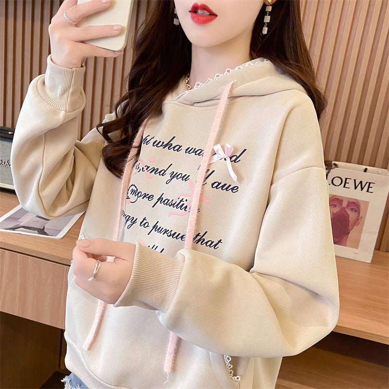 Women's Letter Print Long Sleeve Hooded Sweater