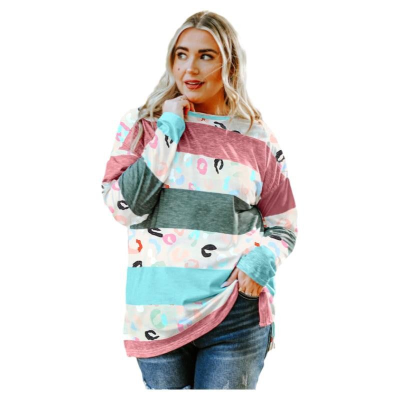 Plus Size Green Color Block Loose Long Sleeve Top