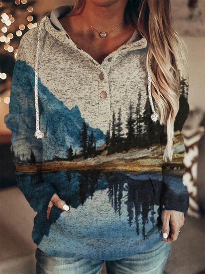 Retro Animal Nature Print Button Hoodie