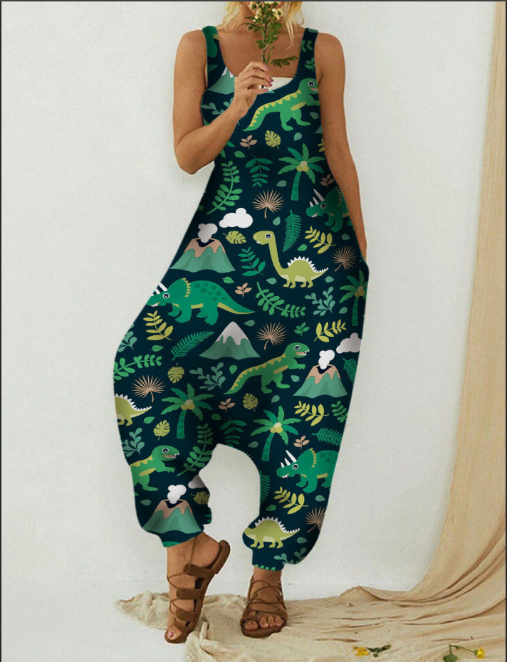 Cute Plus Size Animal Print Casual Beach Romper Overalls