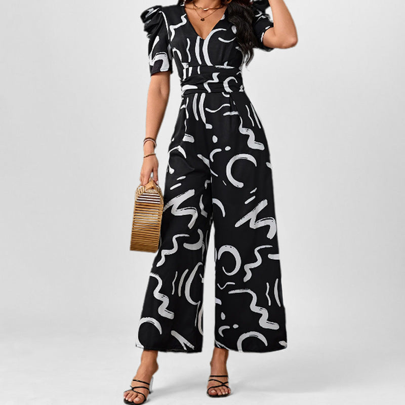 Chic V-Neck Cinched-Waist Wide-Leg Jumpsuit with Pockets