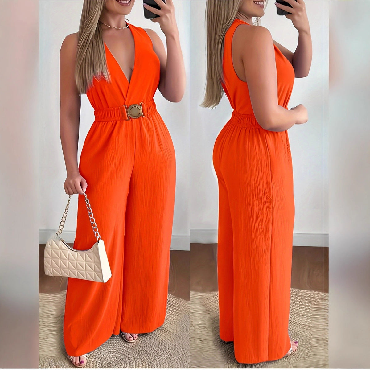 Chic High-Waist Wide-Leg Jumpsuit with Pockets