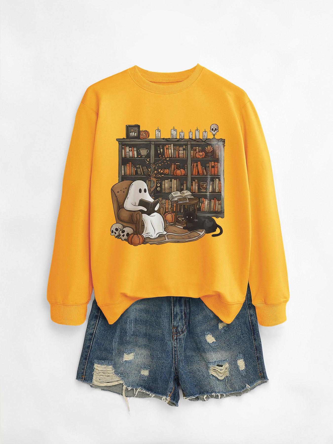 Cozy Black Cat Bookshelf Halloween Sweatshirt