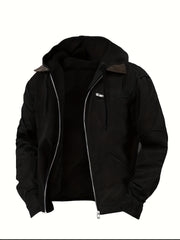 2025 New Autumn Winter Men's Vintage Loose Hooded Zip Jacket, 95% Polyester 5% Cotton Blend, Lightweight 350gsm, Front Pocket Design, Solid Color Spring Autumn Casual Coat, Perfect Gift Choice