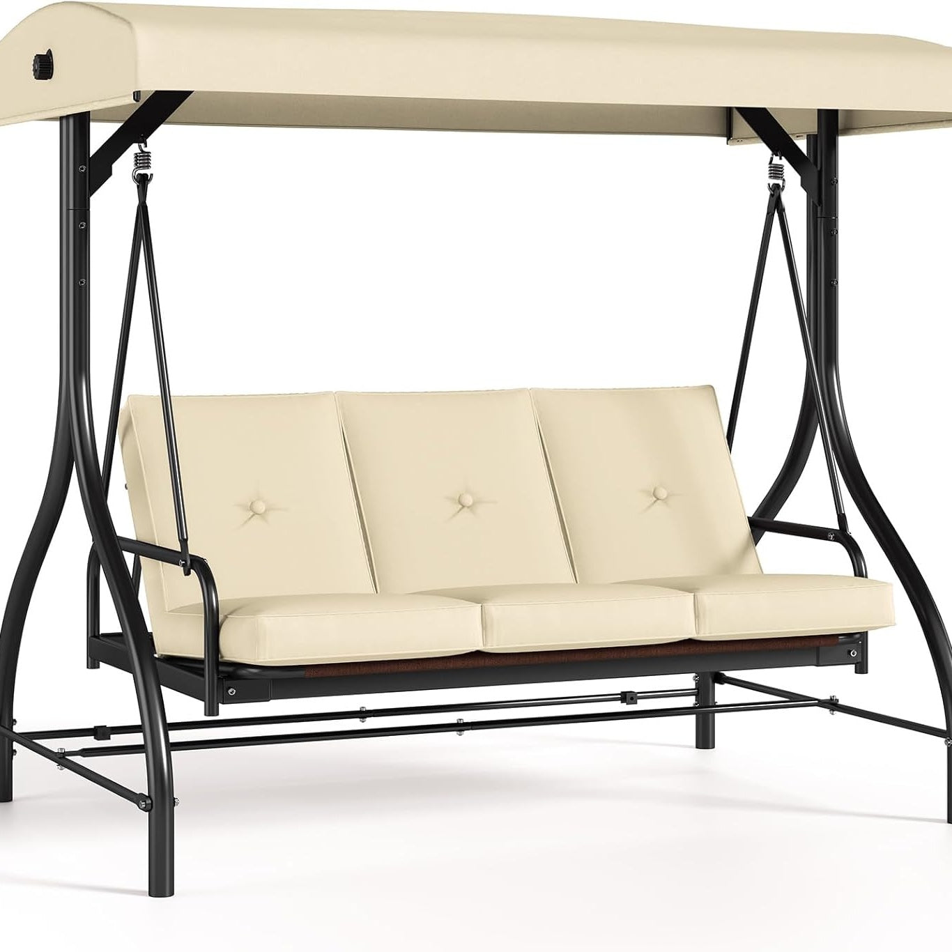 [Patio Swing Glider] 3 Person Patio Porch Swing Outdoor Converting Swing Glider Hammock with Adjustable Canopy, Cushions for Outside Backyard, Garden (Pillow Not Included)