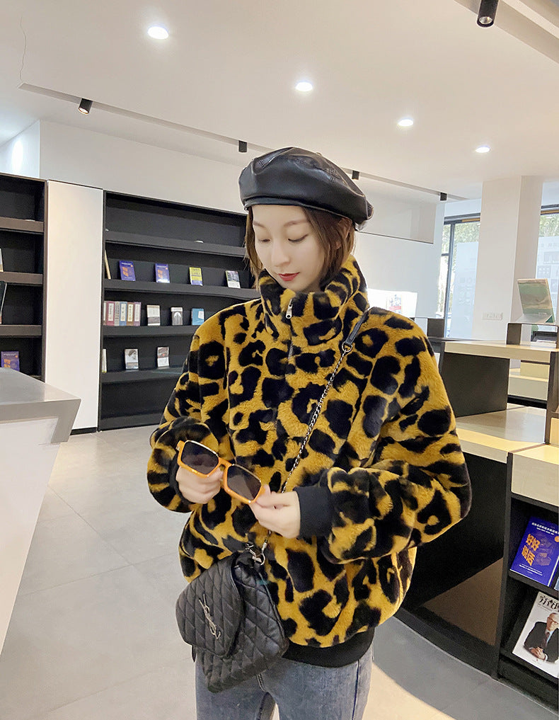Leopard Print Faux Fur Stitching Women's Winter Sweater