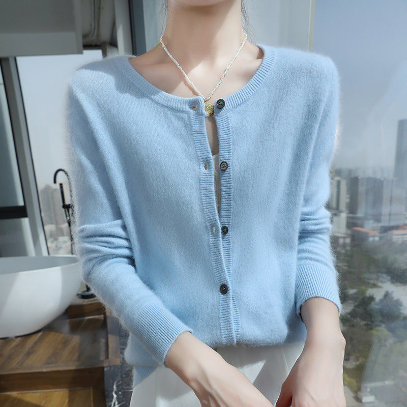 Womens Loose Button-up Solid-color Cropped Sweater with a Crew Neck
