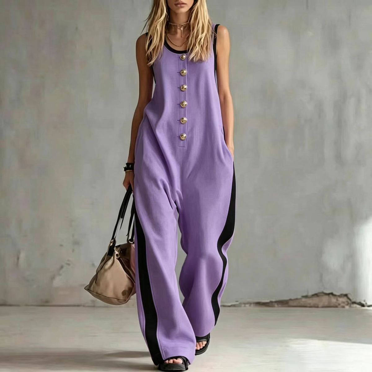 Chic Colorblock Buttoned Crew Neck Sleeveless Jumpsuit