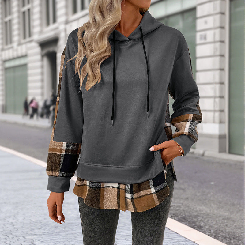 European And American Long Sleeve Plaid Colorblock Hooded Velvet Padded Sweater