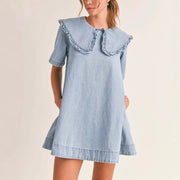 Womens Denim Dress with Lapel Collar and Flouncy Ruffle Hem