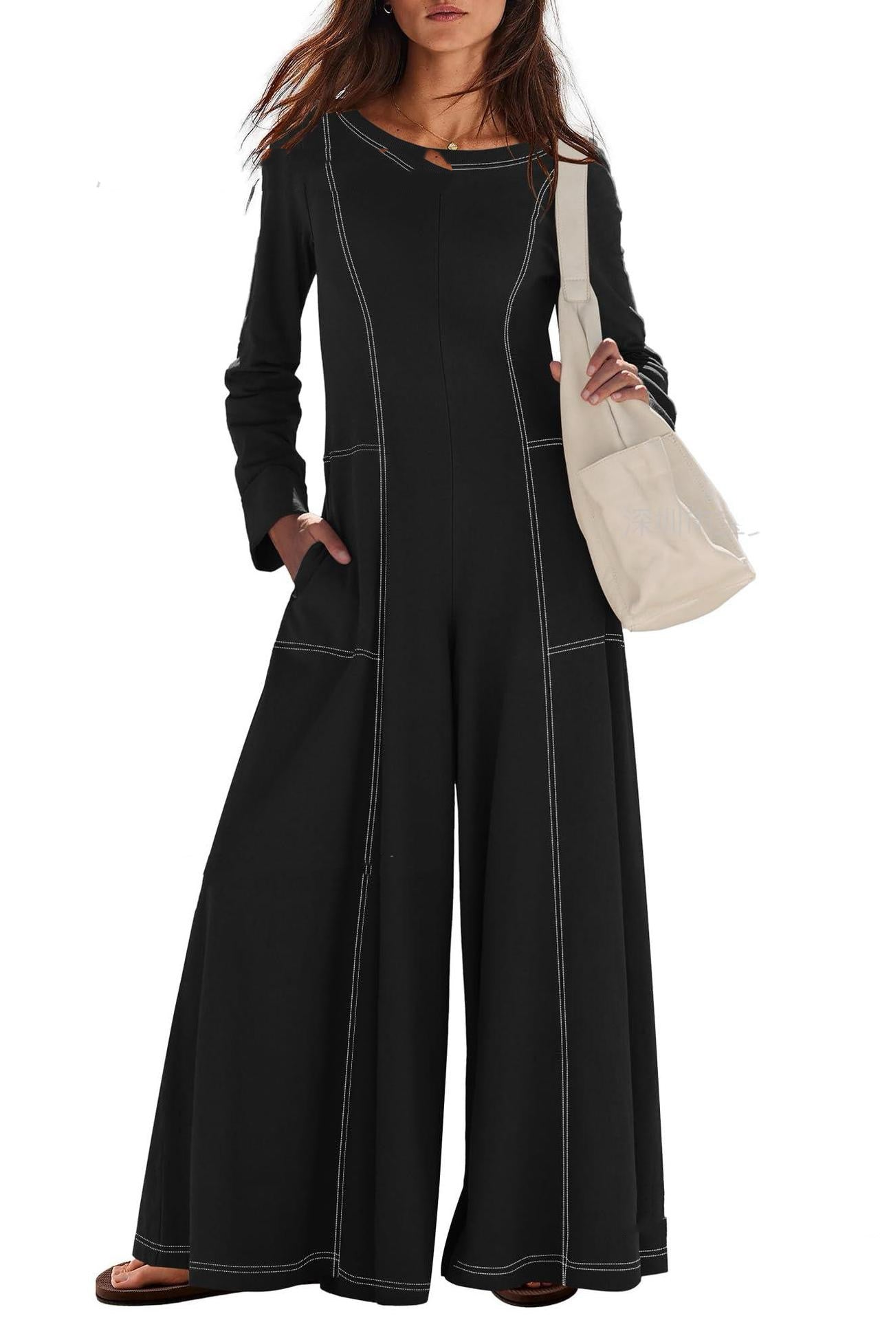 Chic Striped Long-Sleeve Wide-Leg Jumpsuit