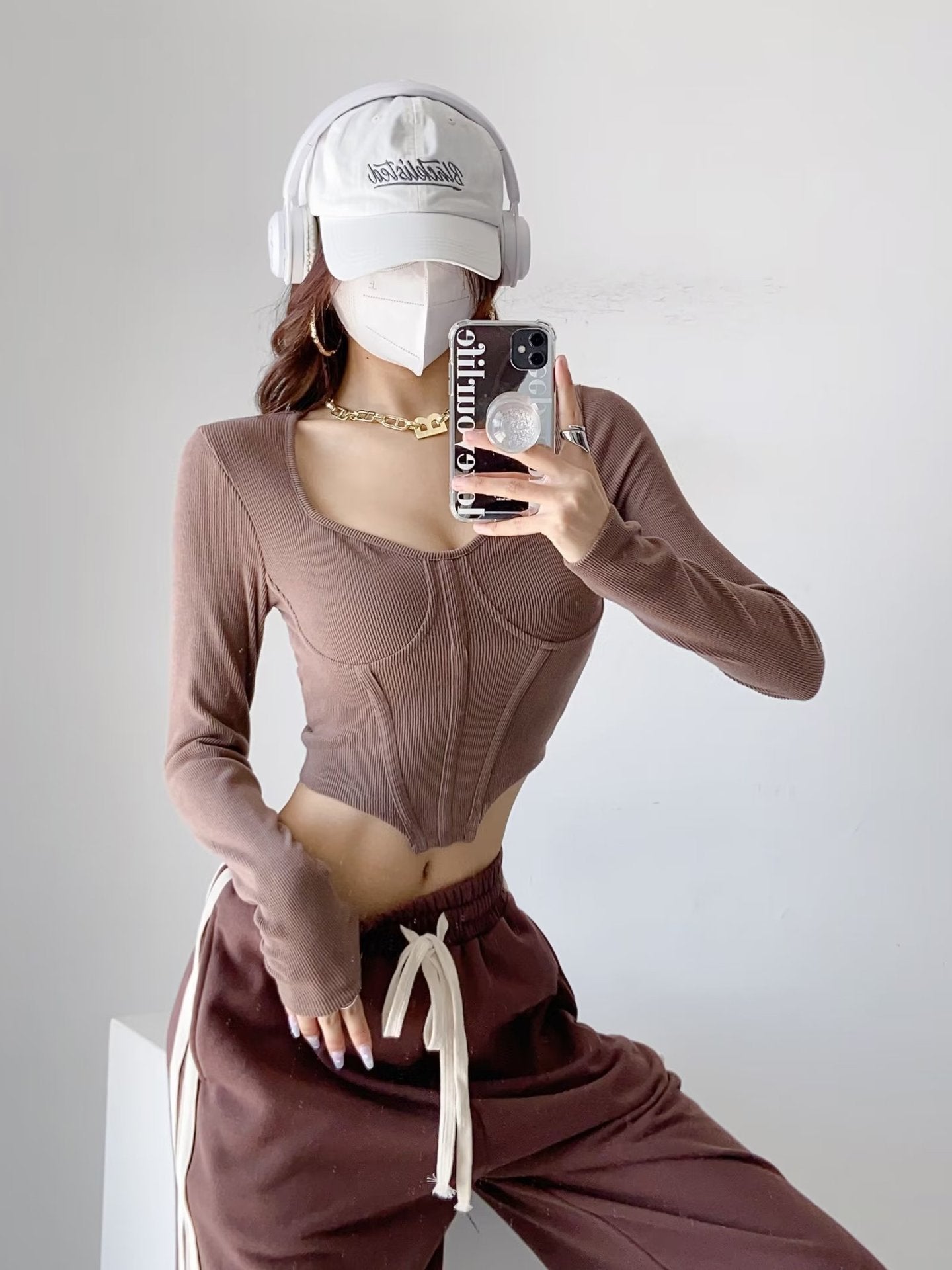 Slim Fit Open Waist Square Collar Long Sleeve Crop Top