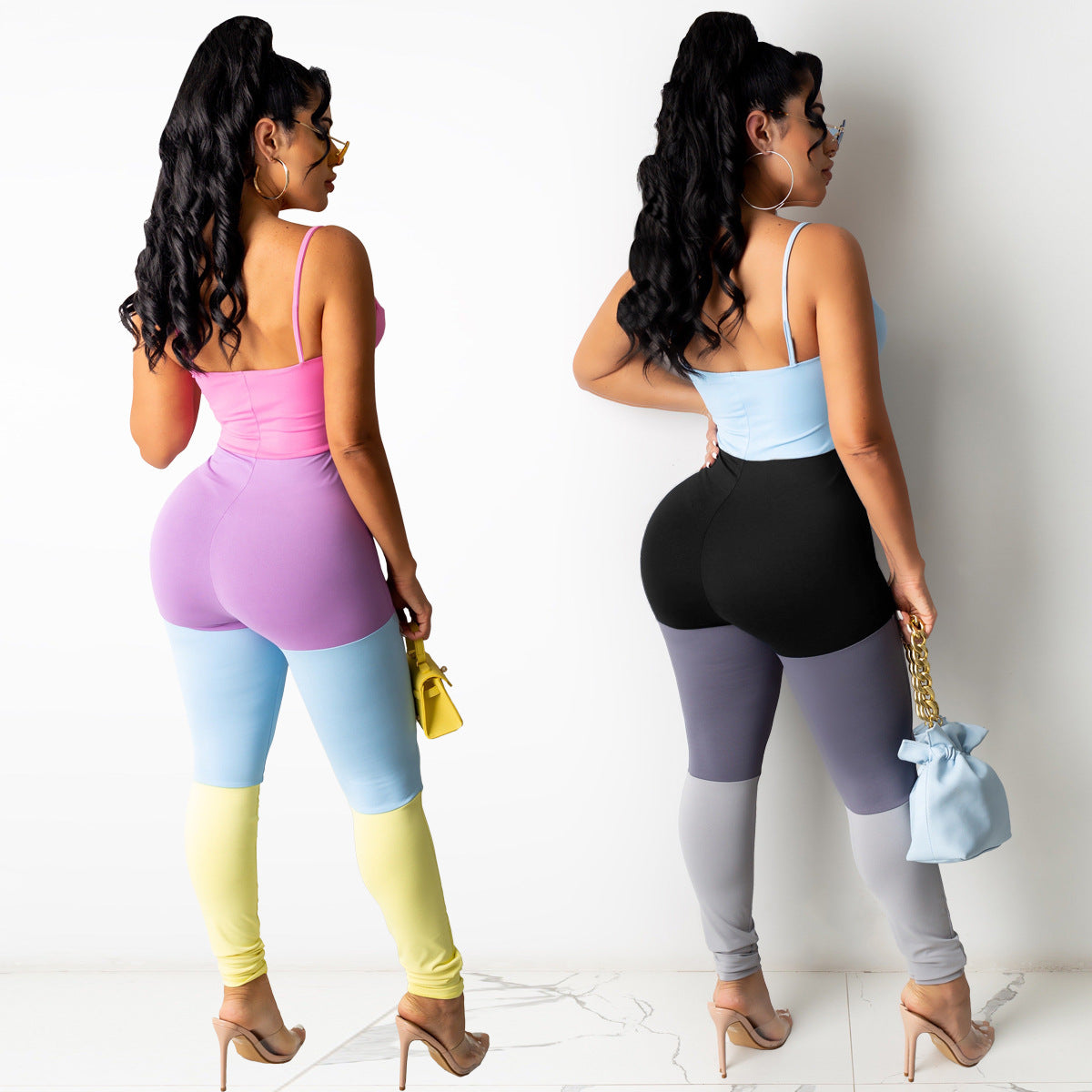Multi-color Mosaic Vest Sexy Suspenders Jumpsuit