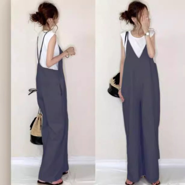 Casual Solid Color Loose Wide Leg Strap Pants
