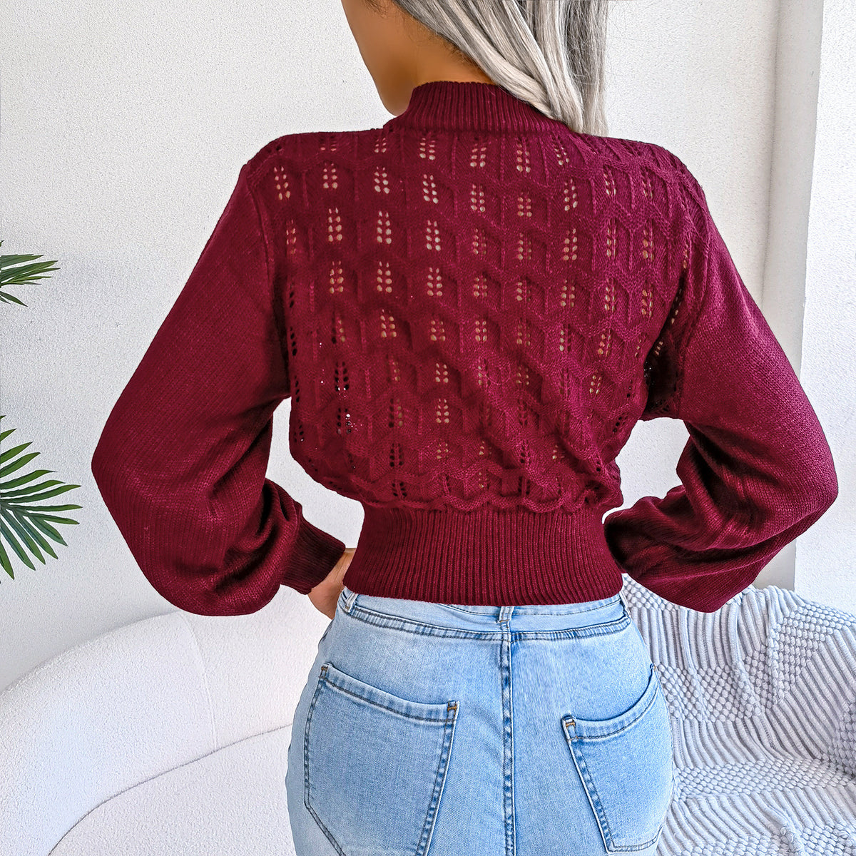 Women Street Style Solid Color Hollow Stripe Lantern Sleeve Cropped Sweater