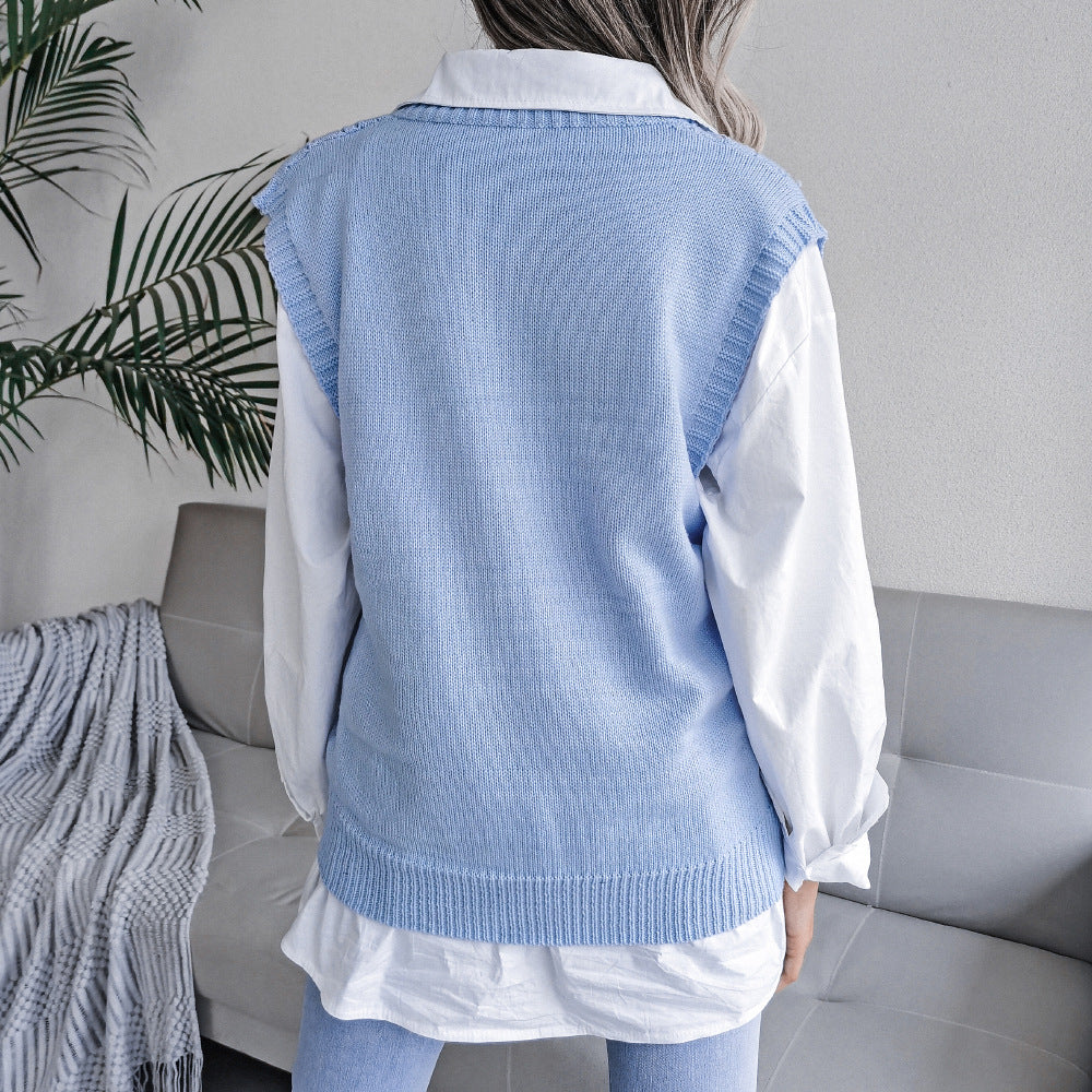 European & American Hollow Out Cable Knit V-neck Sleeveless Sweater