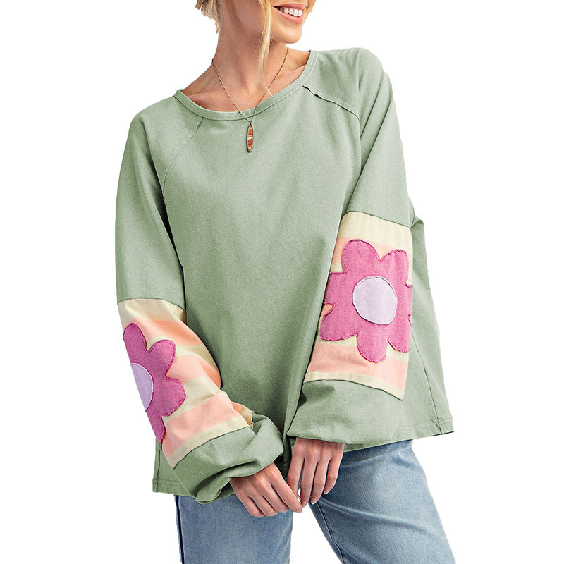 Women's Floral Contrast Color Loose Pullover Sweater