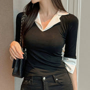 Temperament Wild V-neck Color-block Slim Fit Slimming T-shirt