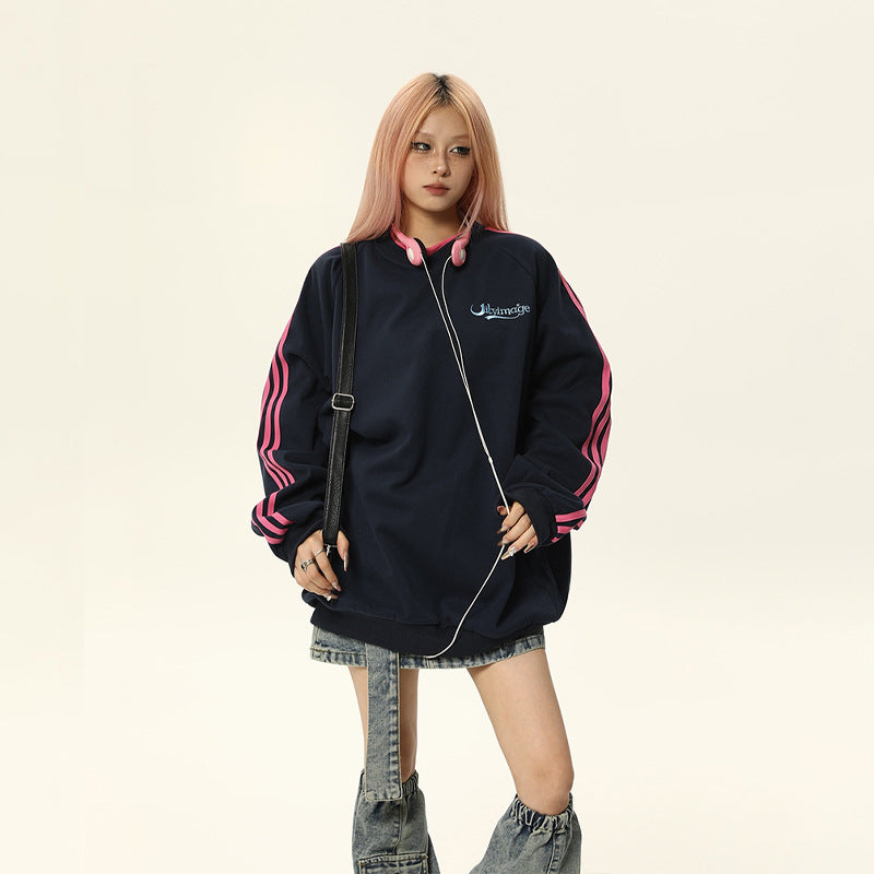 Retro Contrast Color Loose Crew Neck Women's Sweater