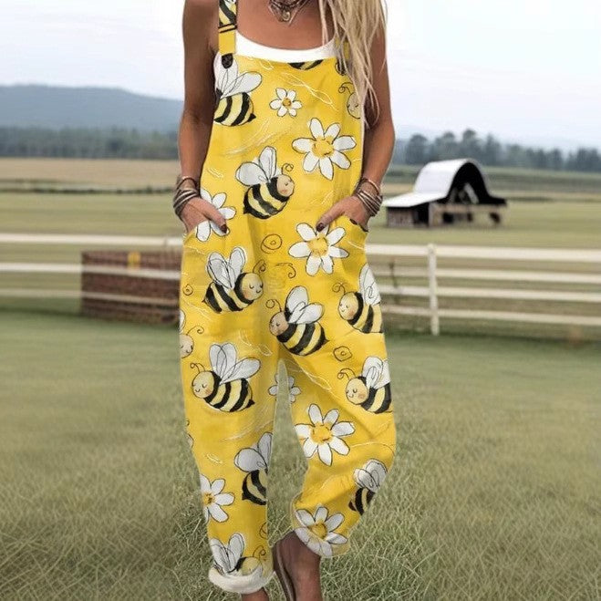 Printed Casual Beach Jumpsuit with Suspenders