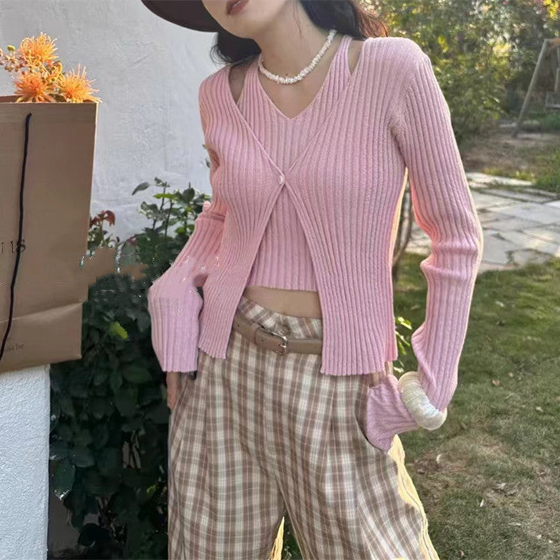Women's Fake Two-piece Sunken Stripe Long-sleeved Sweater
