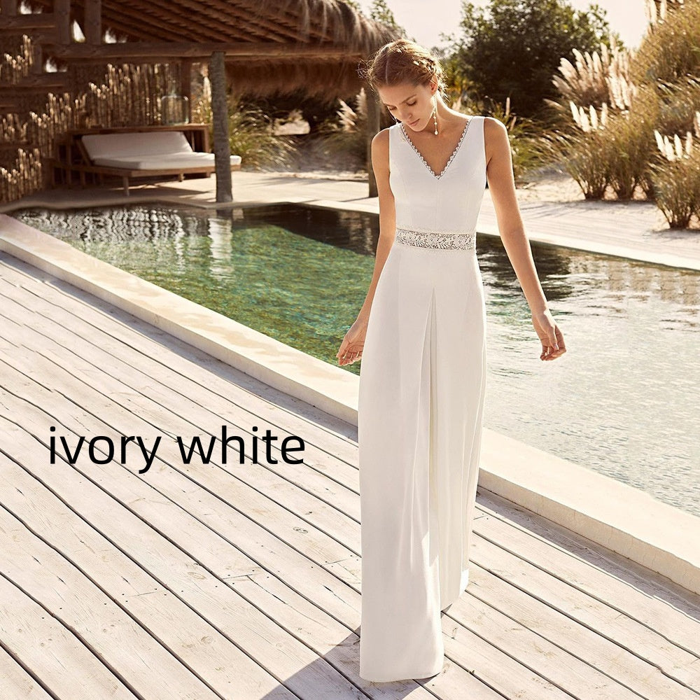 Women's Solid V-Neck Backless Casual Jumpsuit