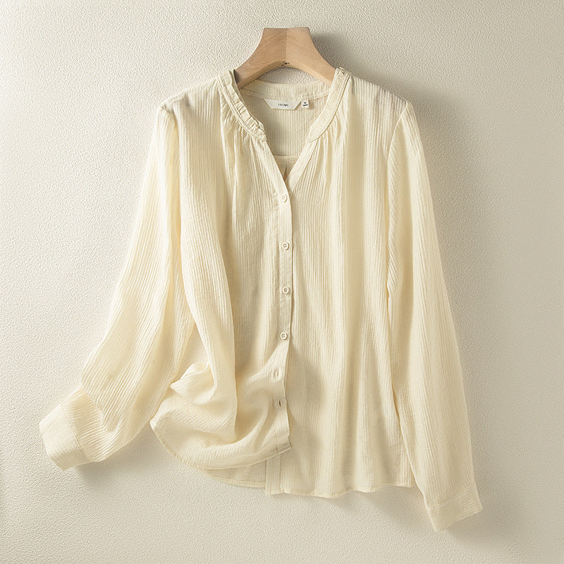 Womens Long Sleeve V Neck Loose Fit Button Up Shirt