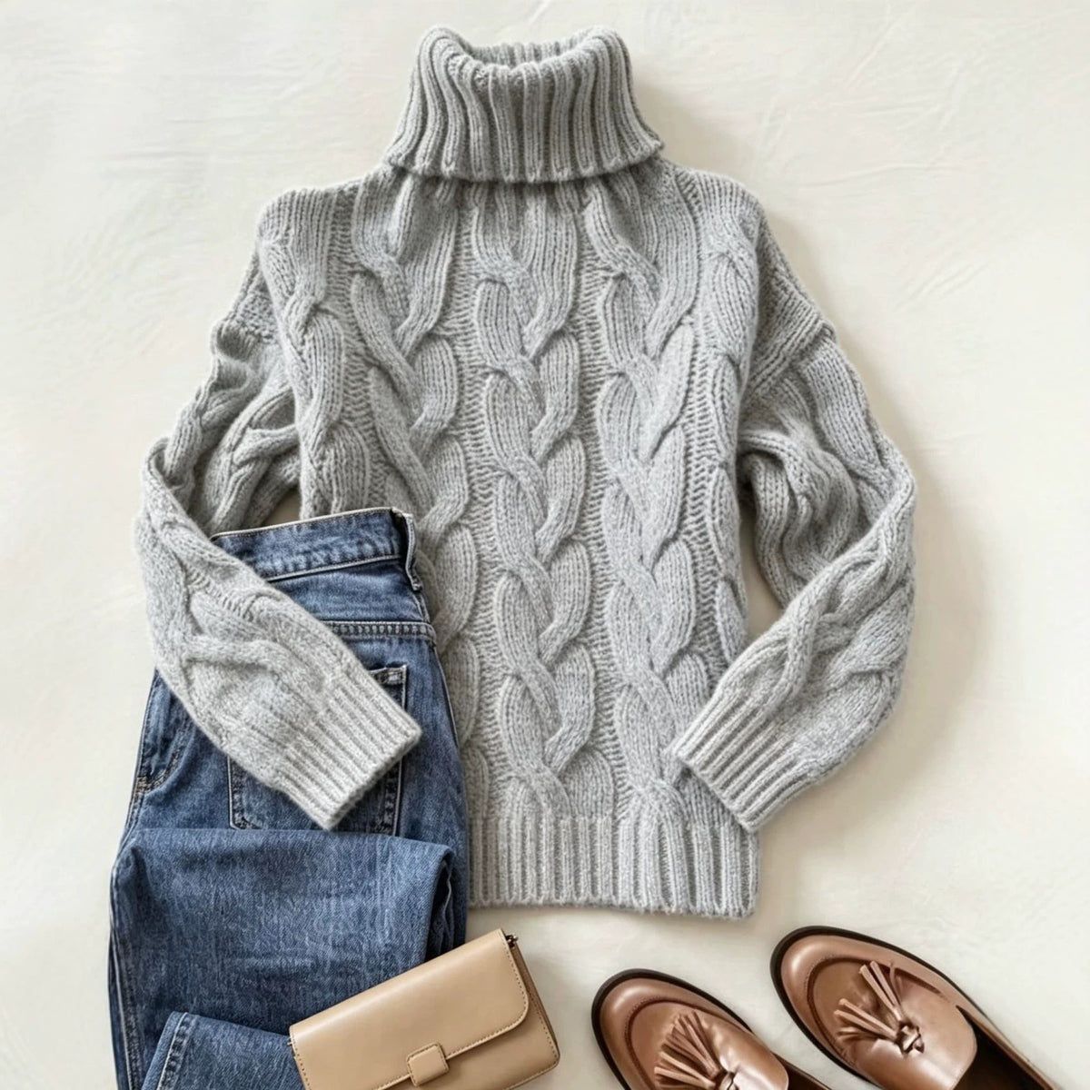 Comfortable Turtleneck Long-sleeve Sweater with a Cable-knit Pattern