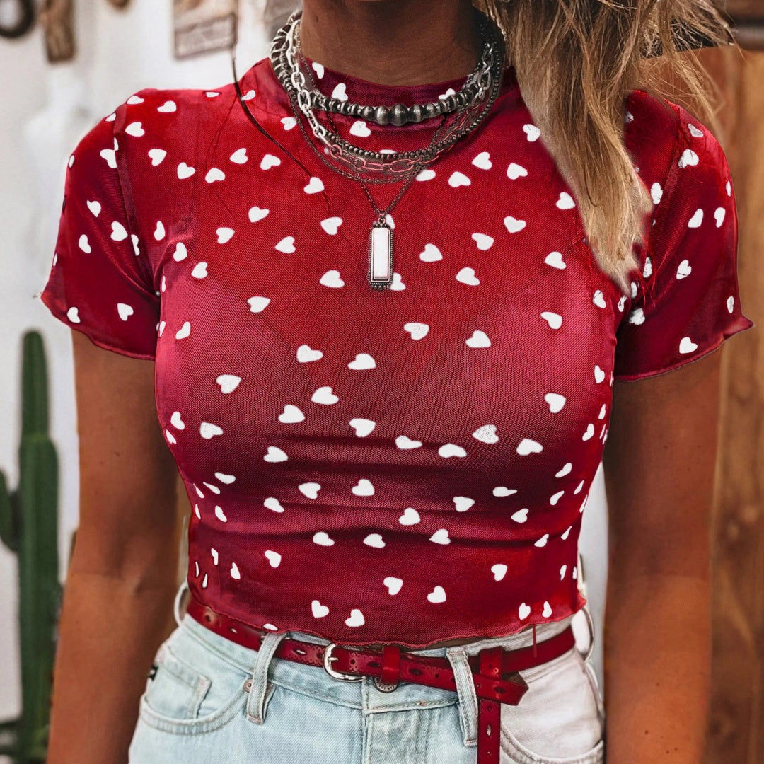 Women's Minimalist Printed Short-Sleeve Top – Pink/Red/White