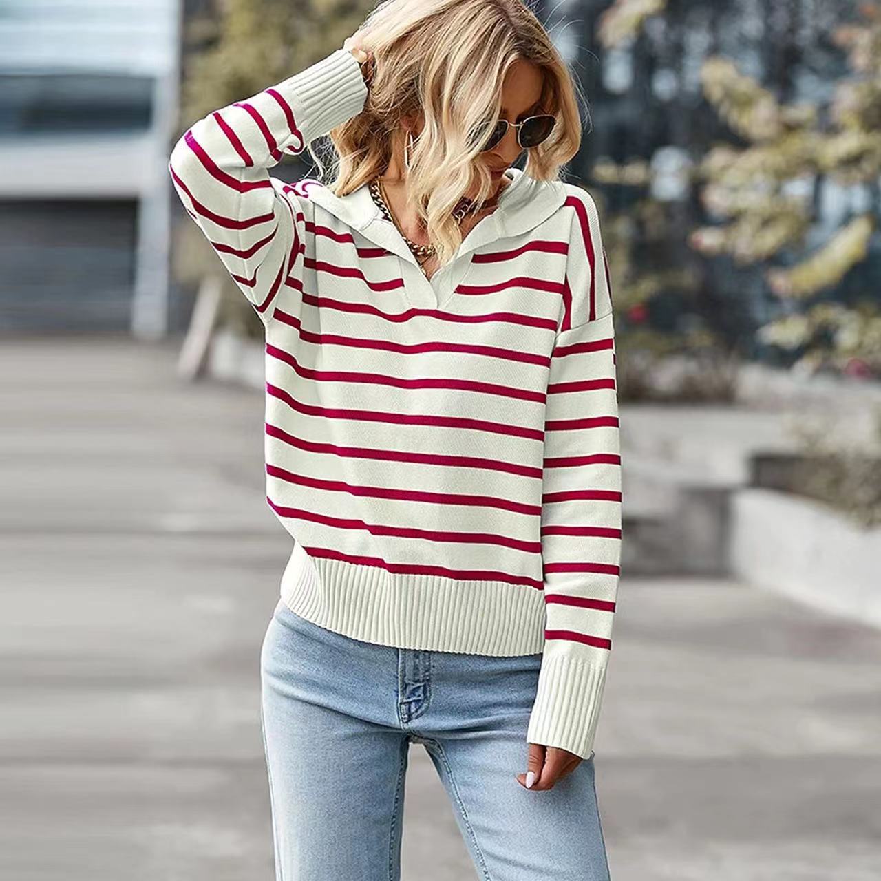 Women's Striped V-Neck Lapel Long Sleeve Casual Sweater