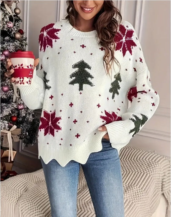 Printed Holiday Loose Casual Knit Sweater for Women