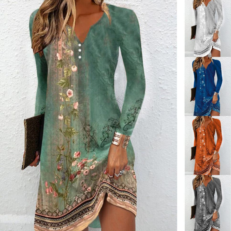 Long-sleeve V-neck Buttoned Asymmetrical Dress for Women
