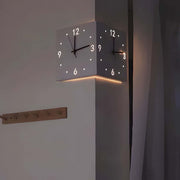 Nordic Square Modern Corner Wall Clock, Sound & Light Sensor Activation, 3000K Warm Glow, Silent Movement, Minimalist Design for Home and Office