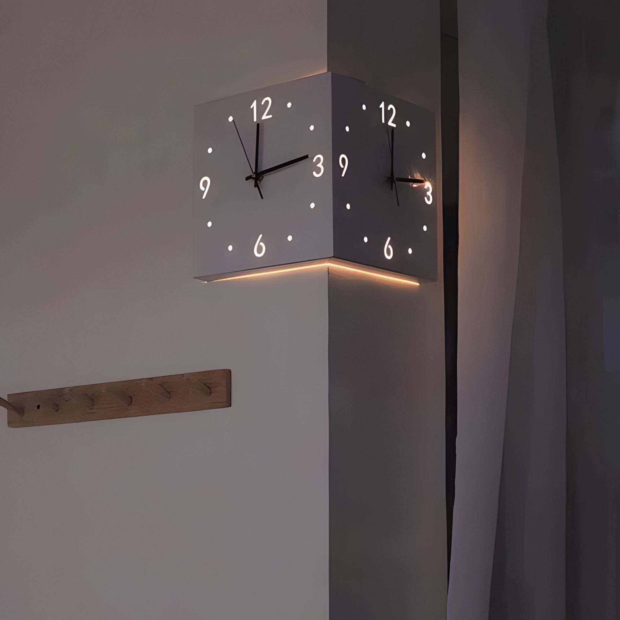 Nordic Square Modern Corner Wall Clock, Sound & Light Sensor Activation, 3000K Warm Glow, Silent Movement, Minimalist Design for Home and Office