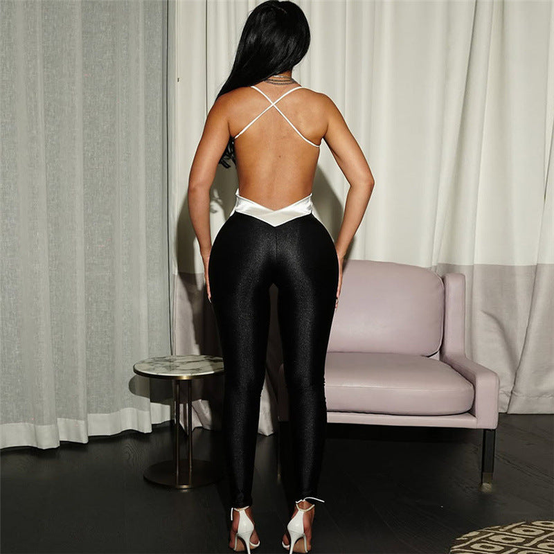 Women's Backless Contrast High-Waist Slim Jumpsuit