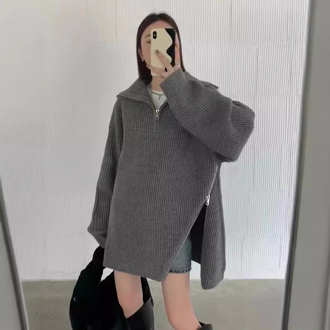 Lazy Wind Relaxed Design Zipper Turtle Neck